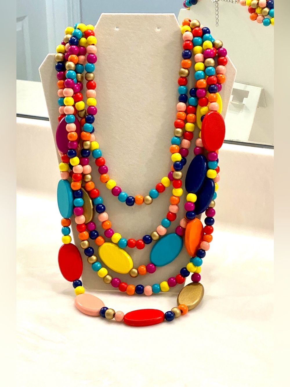 Chunky Multi Strand Rainbow Wooden Bead Statement Necklace Colorful Layered